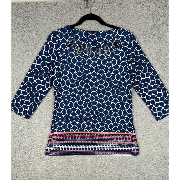 La Vanya Womens Blouse Metal Cut Out Collar 3/4 Sleeves Blue/White Petite PM - Picture 4 of 9